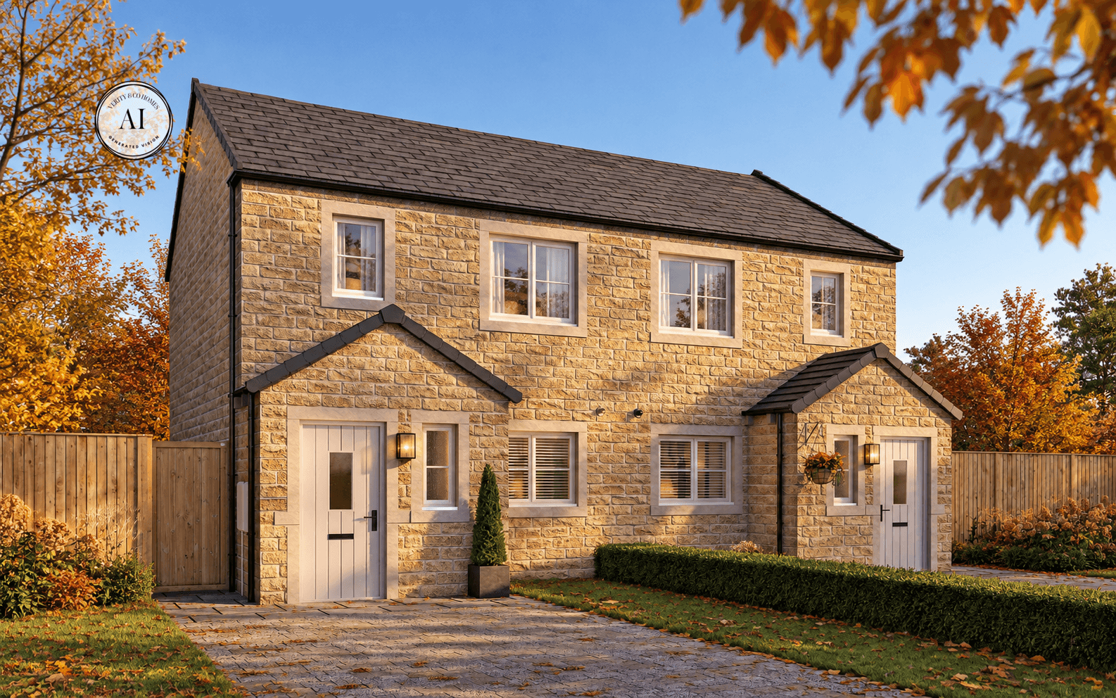 CGI of two natural stone semi-detached homes at The Oaks in Skipton, featuring white front doors, private driveways and landscaped gardens surrounded by autumn trees.