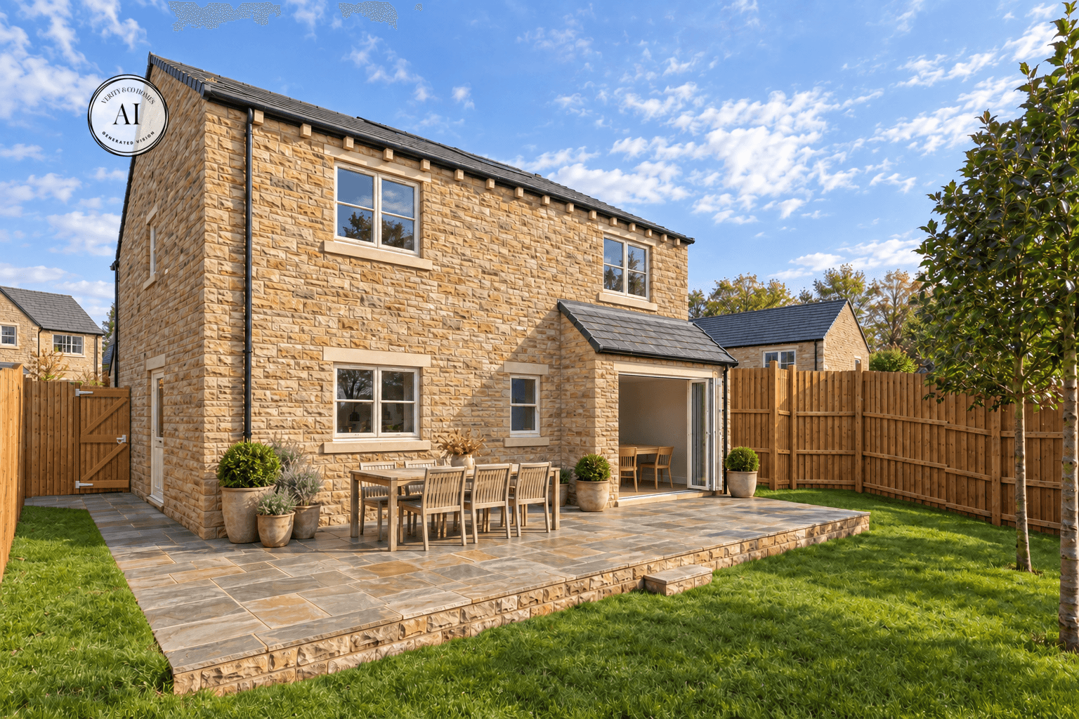 AI visualisation of the rear of The Ermysted at Birchley Fold, Silsden, a detached natural stone home with a patio and bi-fold doors opening onto the garden.