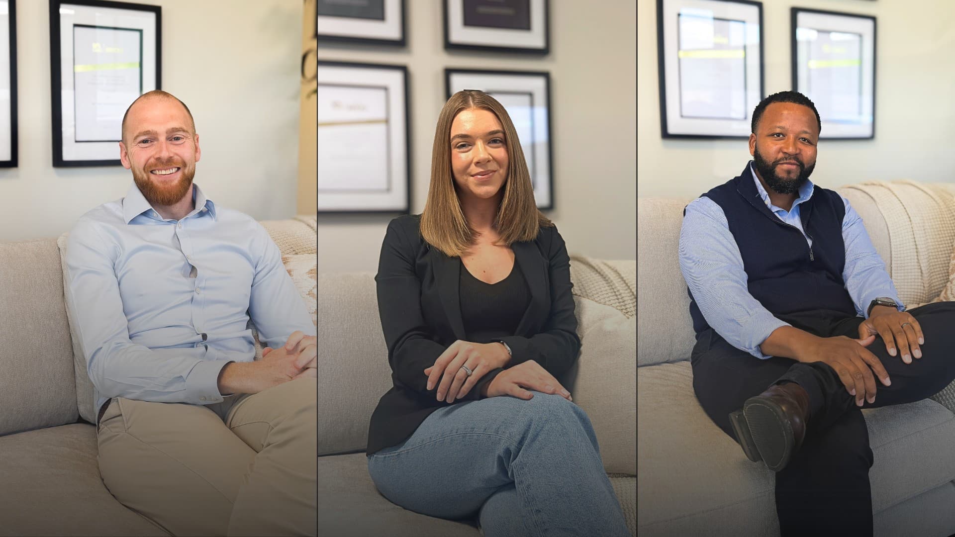 Three newly appointed team members seated individually on a neutral sofa, smiling at the camera, with framed certificates displayed on the wall behind them.